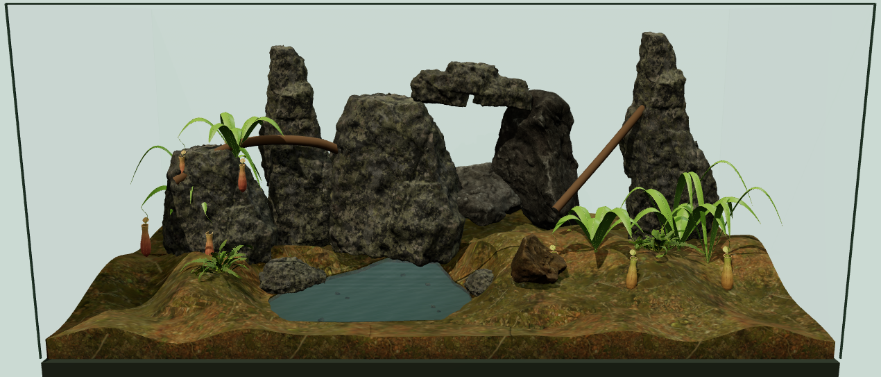 Front view of the terrarium preview: planted banks frame a shallow channel beneath an irregular four-part rock arch.